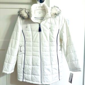 New Directions White Puffer Jacket with Faux Fur Trimmed removable hood.